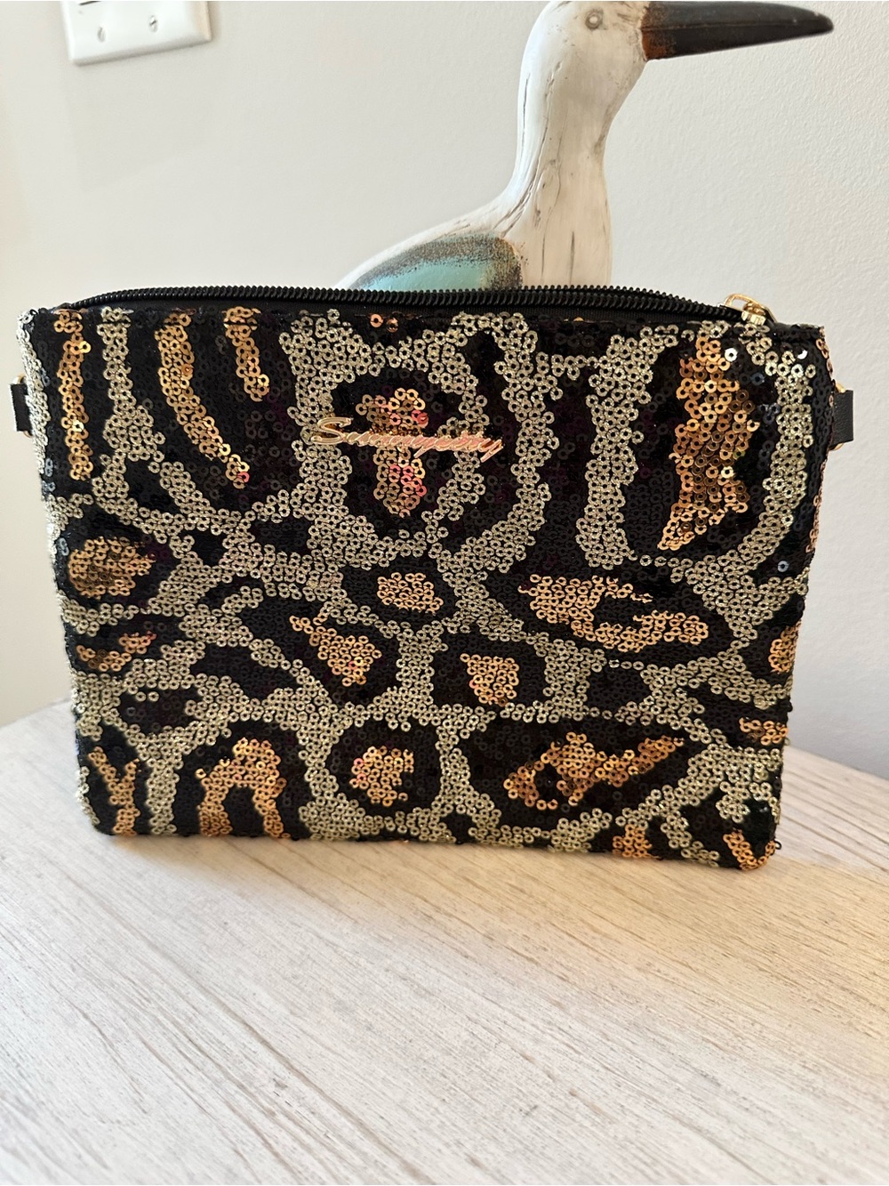 Sequin Leopard Zip Pouch with Removable Strap NWOT